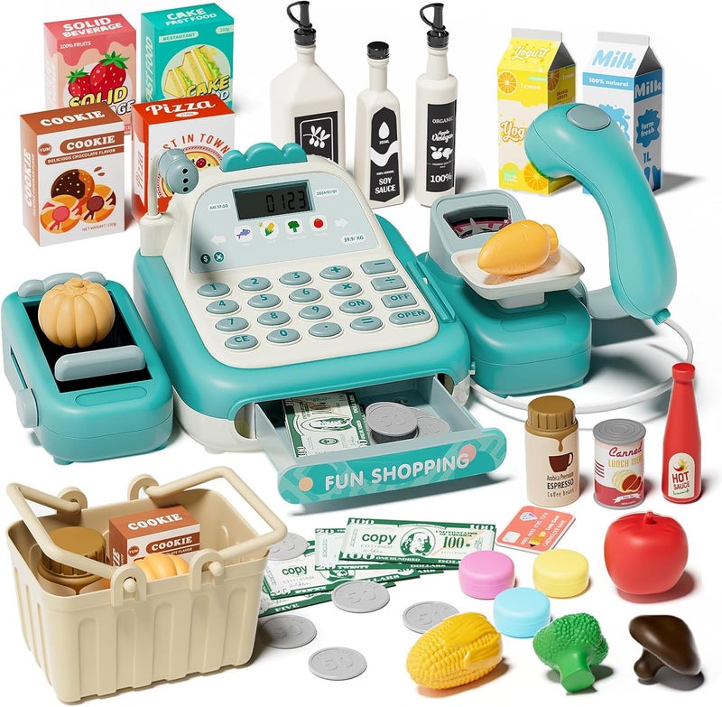 STACTCUTE 49PCS Pretend Play Cash Register Toy Set for Kids with Real Calculator,Scanner,Microphone,Conveyor Belt,Weighing Tool,Cashier Playset Realistic Gift for Toddler Kid Ages 3 4 5 6 7 8 (Green) - Image 1